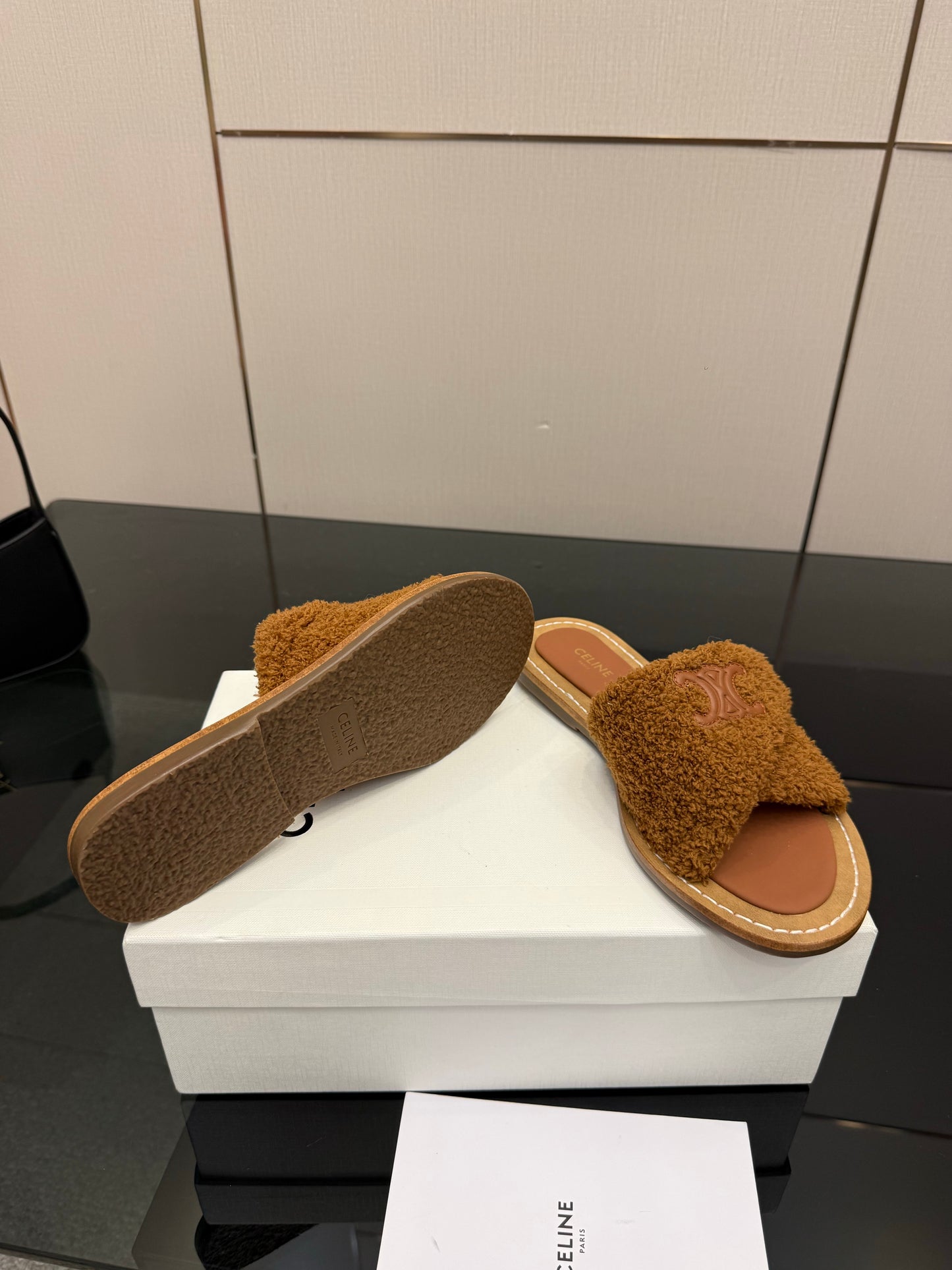 Triomphe Cross Mule Sandals – Plush Teddy Brown Shearling Criss-Cross Strap Slides
