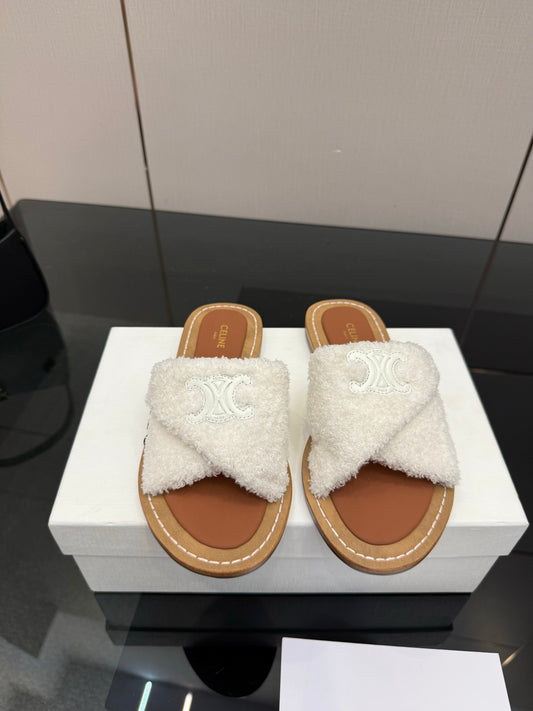 Triomphe Cross Mule Sandals – Plush Luminous Cream Shearling Criss-Cross Strap Slides