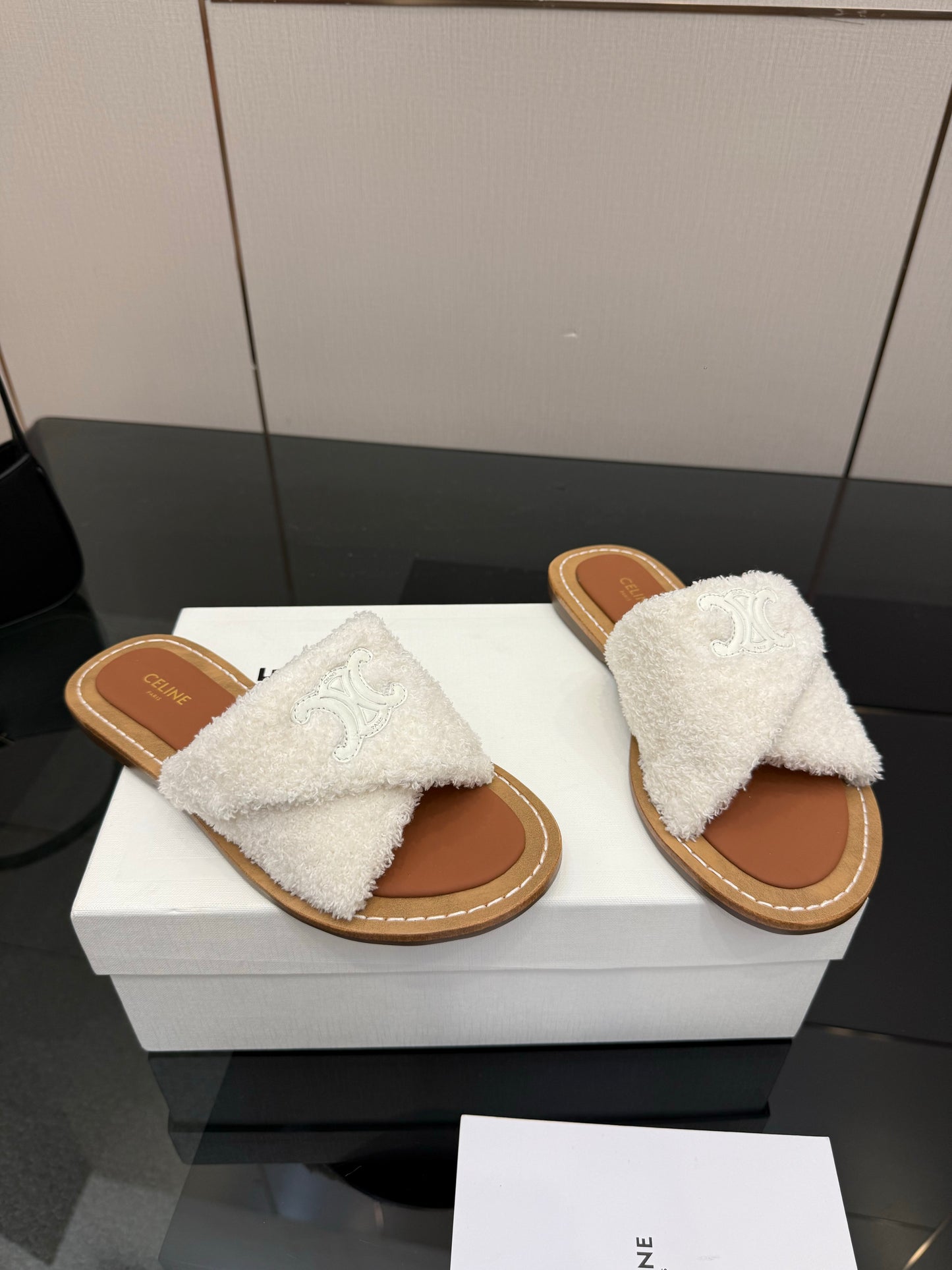 Triomphe Cross Mule Sandals – Plush Luminous Cream Shearling Criss-Cross Strap Slides