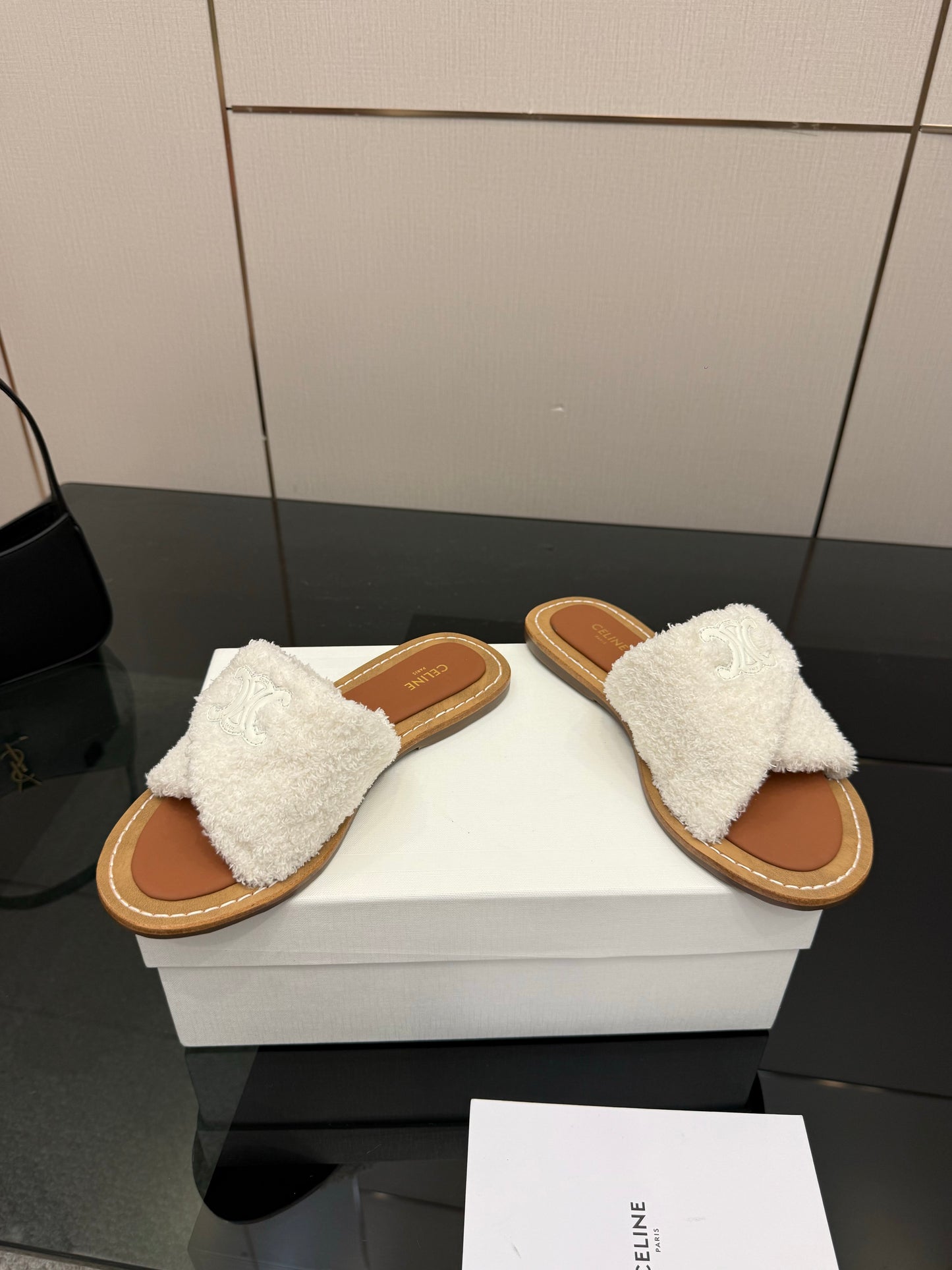 Triomphe Cross Mule Sandals – Plush Luminous Cream Shearling Criss-Cross Strap Slides