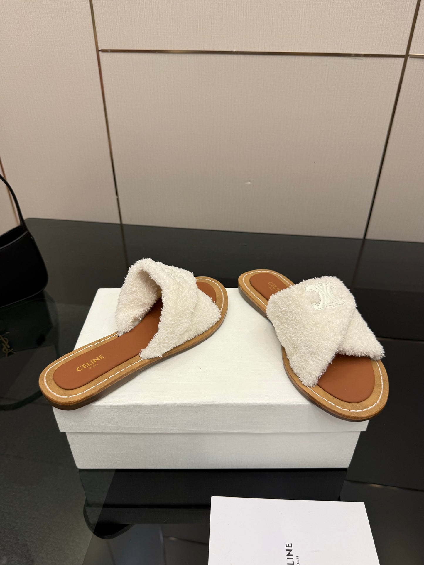 Triomphe Cross Mule Sandals – Plush Luminous Cream Shearling Criss-Cross Strap Slides