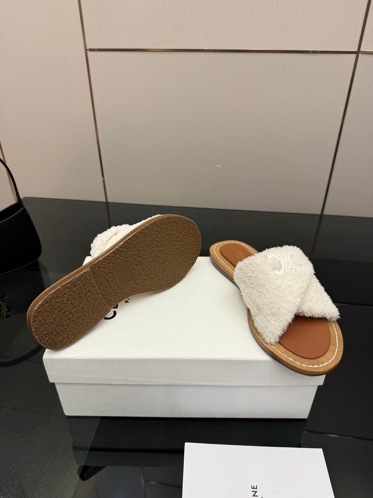 Triomphe Cross Mule Sandals – Plush Luminous Cream Shearling Criss-Cross Strap Slides