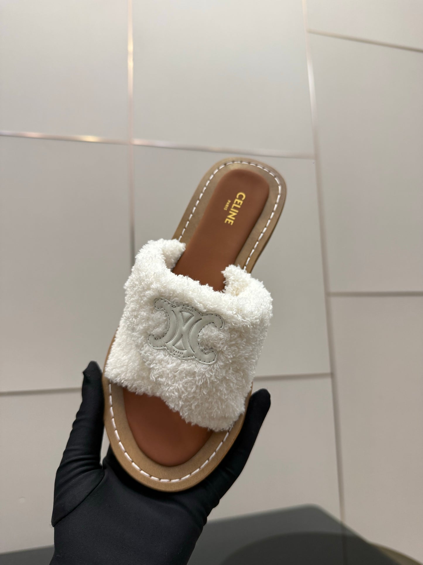 Triomphe Cross Mule Sandals – Plush Luminous Cream Shearling Criss-Cross Strap Slides