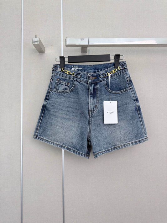 Triomphe Chain-Detail Denim Shorts – Medium-Blue Vintage-Washed Cotton Denim High-Rise Shorts