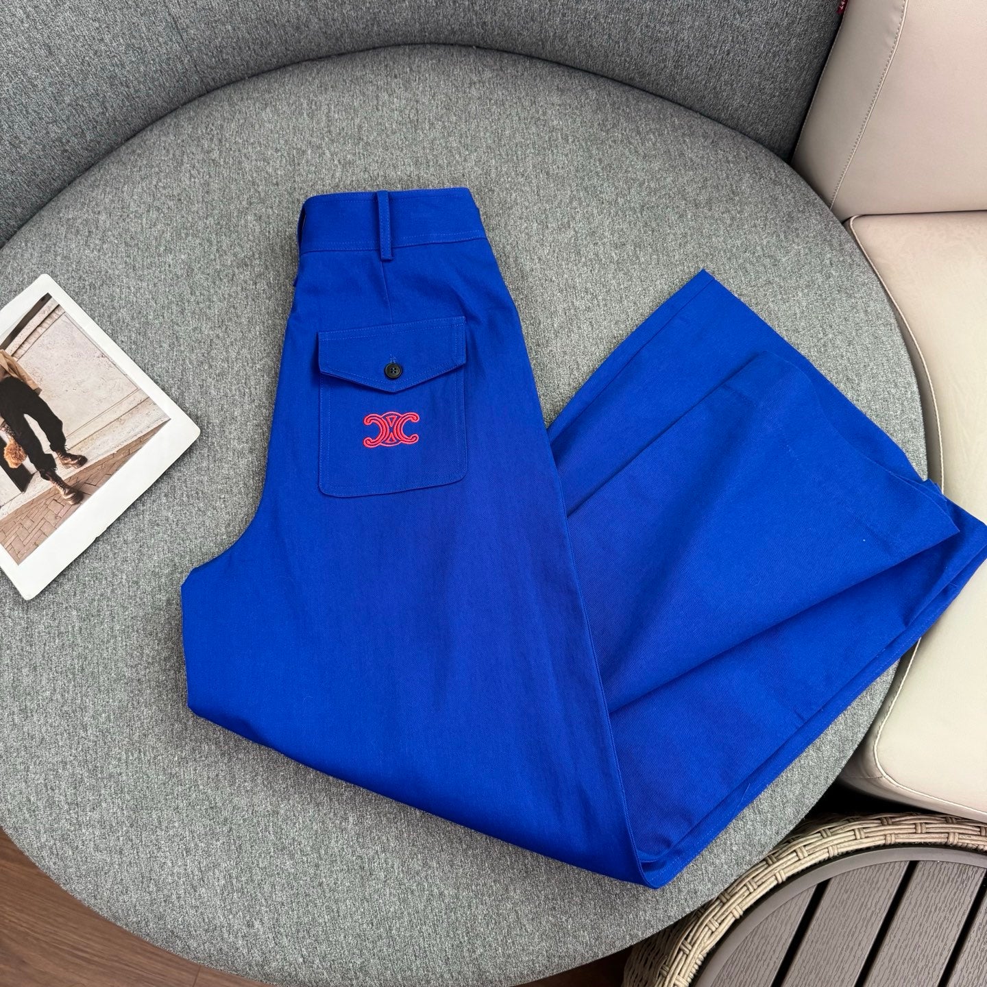 Embroidered Wide-Leg Pants – High-Waisted Cotton Twill Tailored Trousers