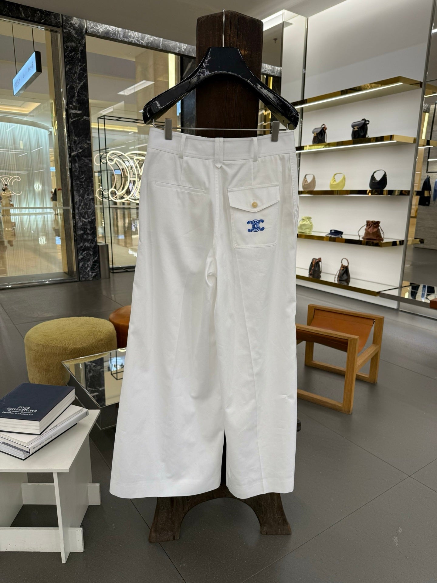 Embroidered Wide-Leg Pants – High-Waisted Cotton Twill Tailored Trousers