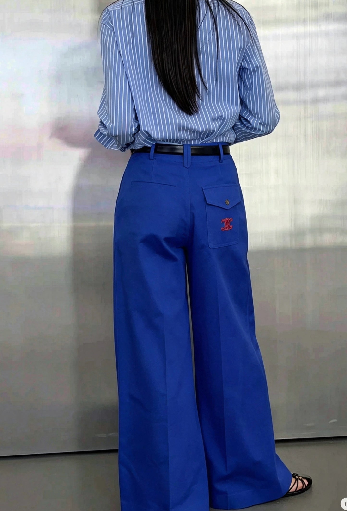 Embroidered Wide-Leg Pants – High-Waisted Cotton Twill Tailored Trousers