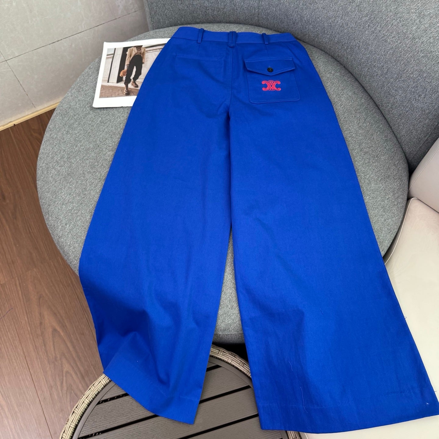 Embroidered Wide-Leg Pants – High-Waisted Cotton Twill Tailored Trousers
