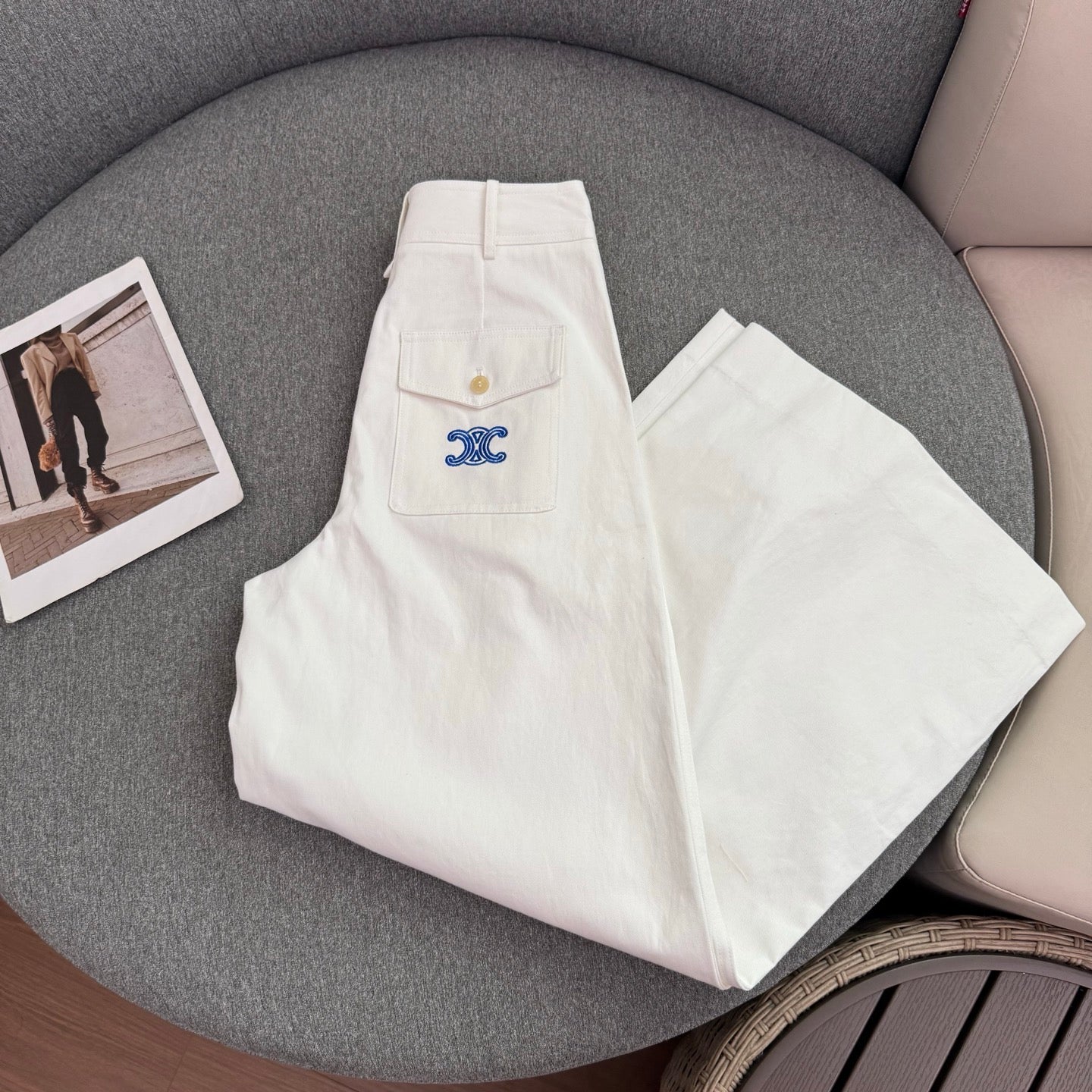 Embroidered Wide-Leg Pants – High-Waisted Cotton Twill Tailored Trousers