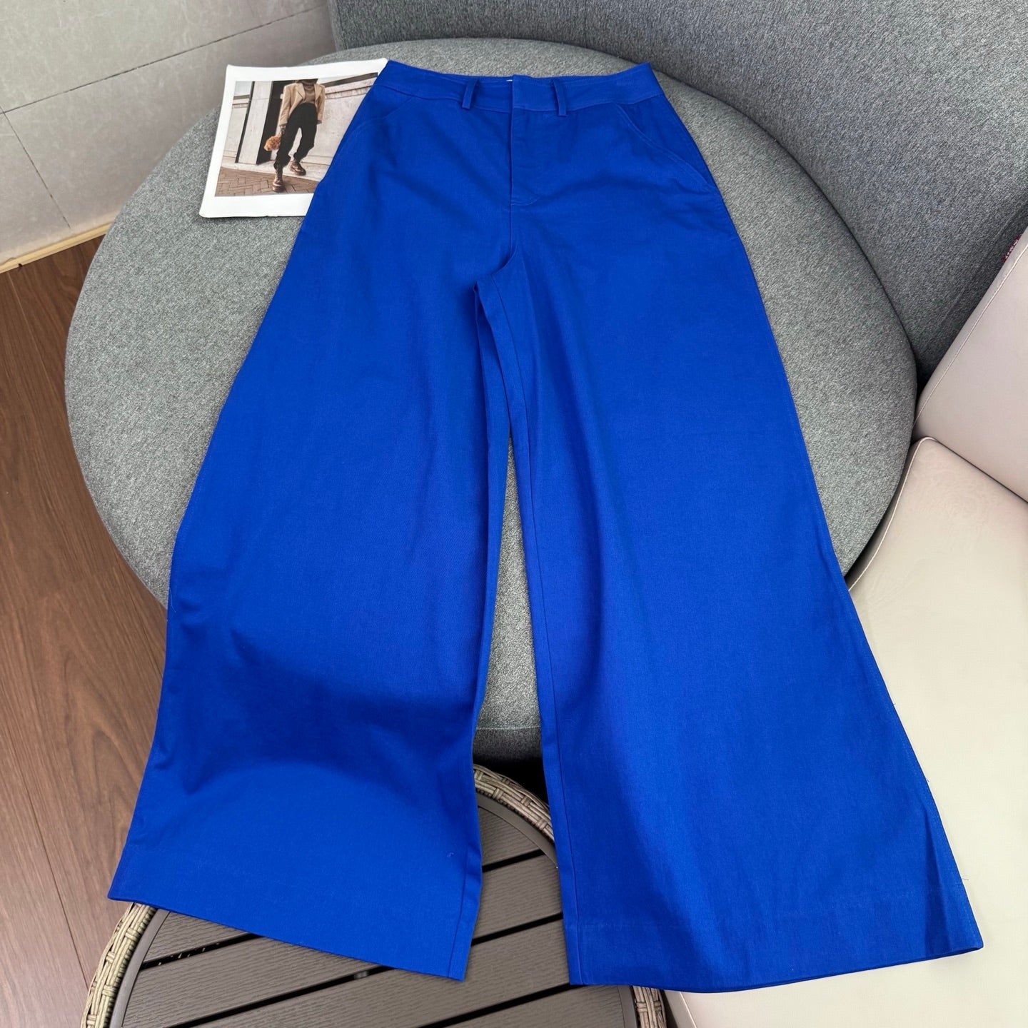 Embroidered Wide-Leg Pants – High-Waisted Cotton Twill Tailored Trousers