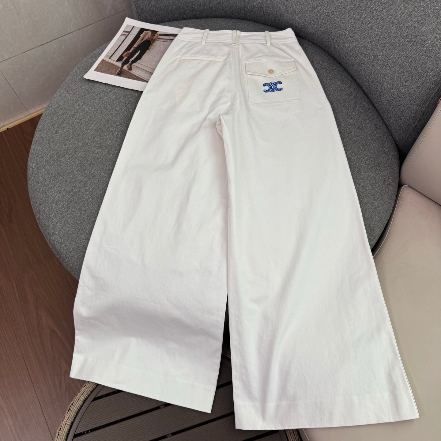 Embroidered Wide-Leg Pants – High-Waisted Cotton Twill Tailored Trousers