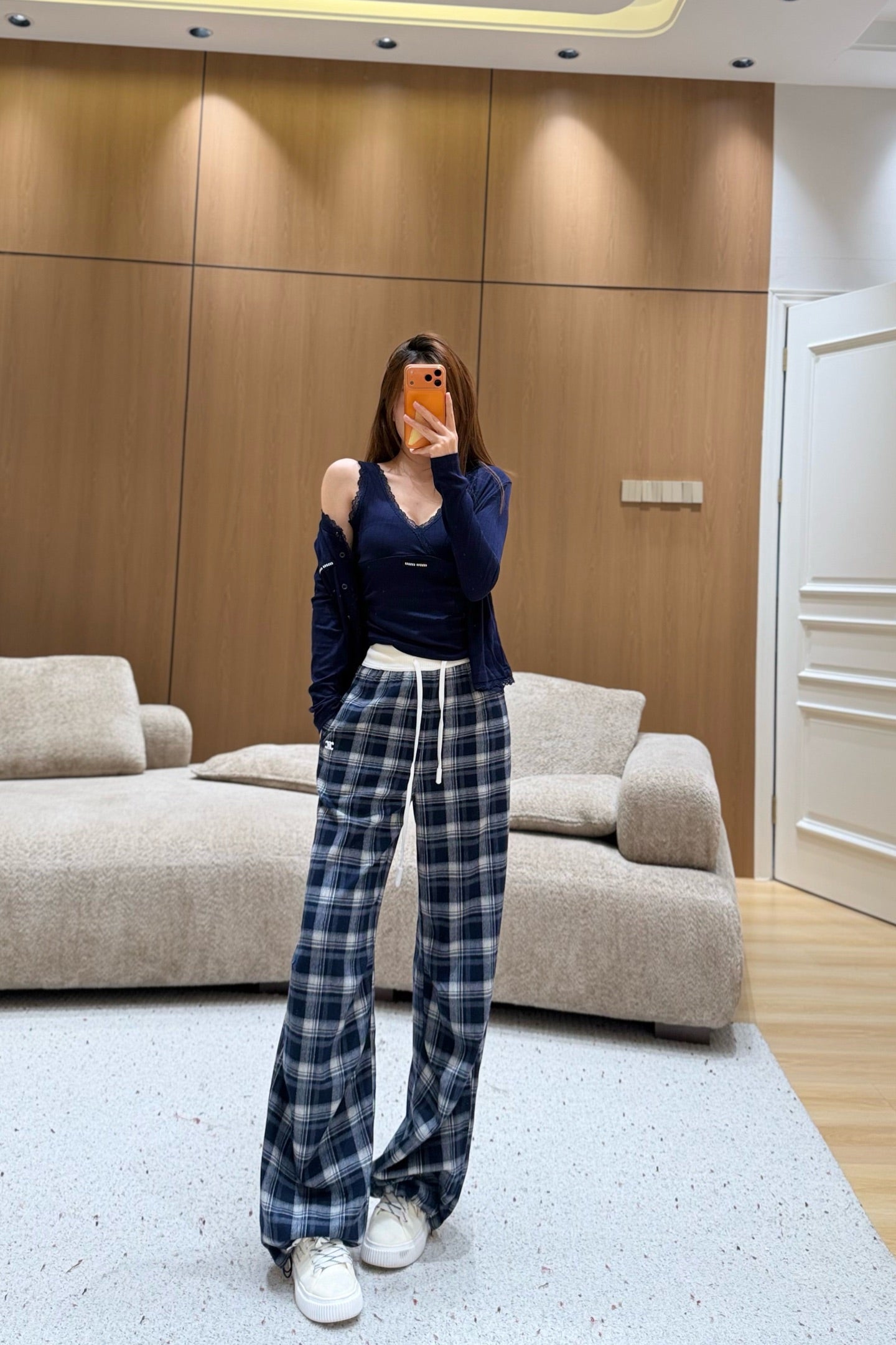 Plaid Flannel Drawstring Pants – Midnight Navy and Off-White Heavyweight Cotton Trousers