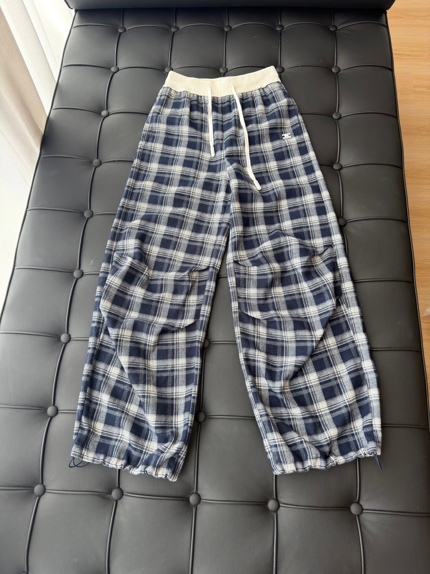 Plaid Flannel Drawstring Pants – Midnight Navy and Off-White Heavyweight Cotton Trousers