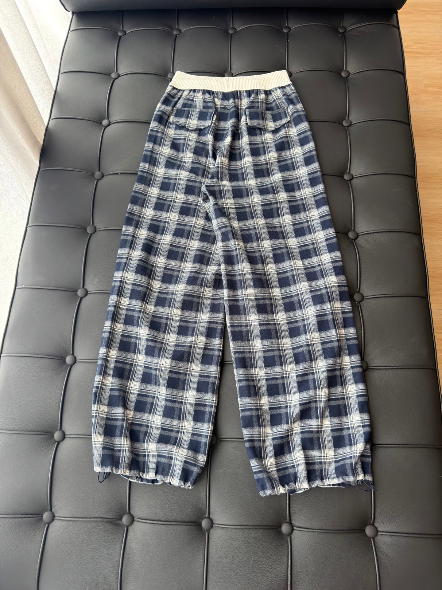 Plaid Flannel Drawstring Pants – Midnight Navy and Off-White Heavyweight Cotton Trousers