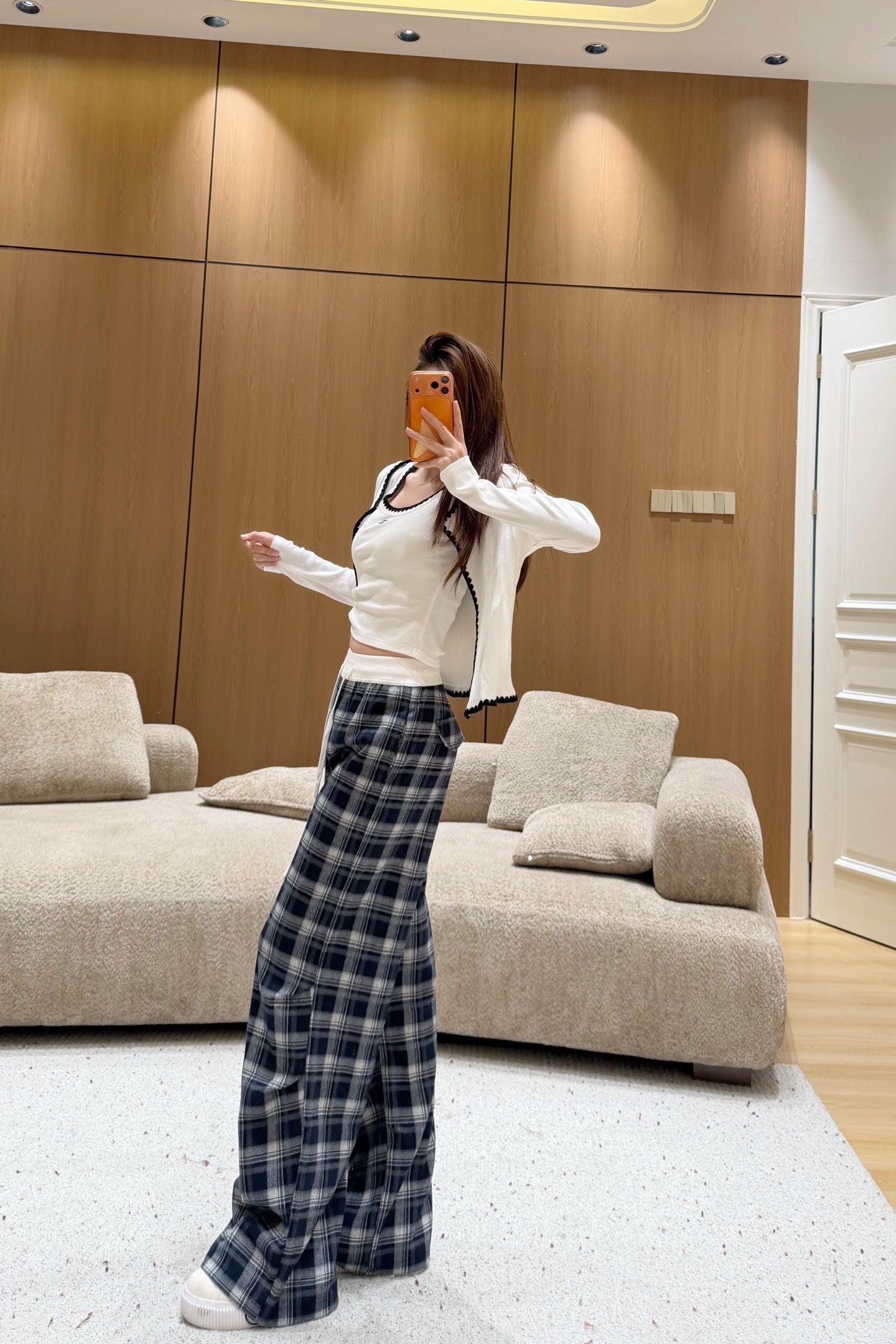 Plaid Flannel Drawstring Pants – Midnight Navy and Off-White Heavyweight Cotton Trousers
