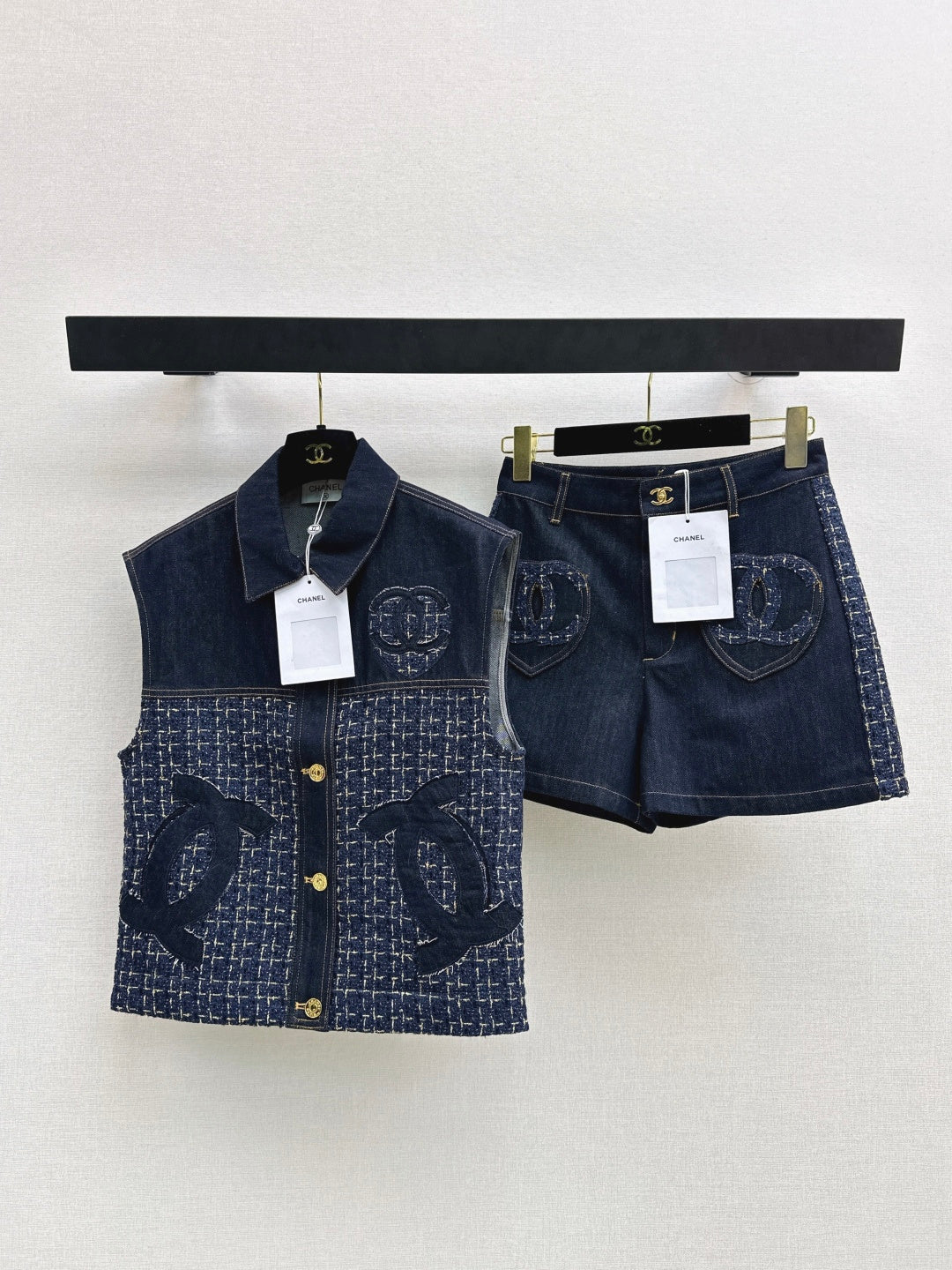 CC Applique Tweed and Denim Two-Piece Set – Dark Blue Vest & High-Waisted Shorts Co-Ord