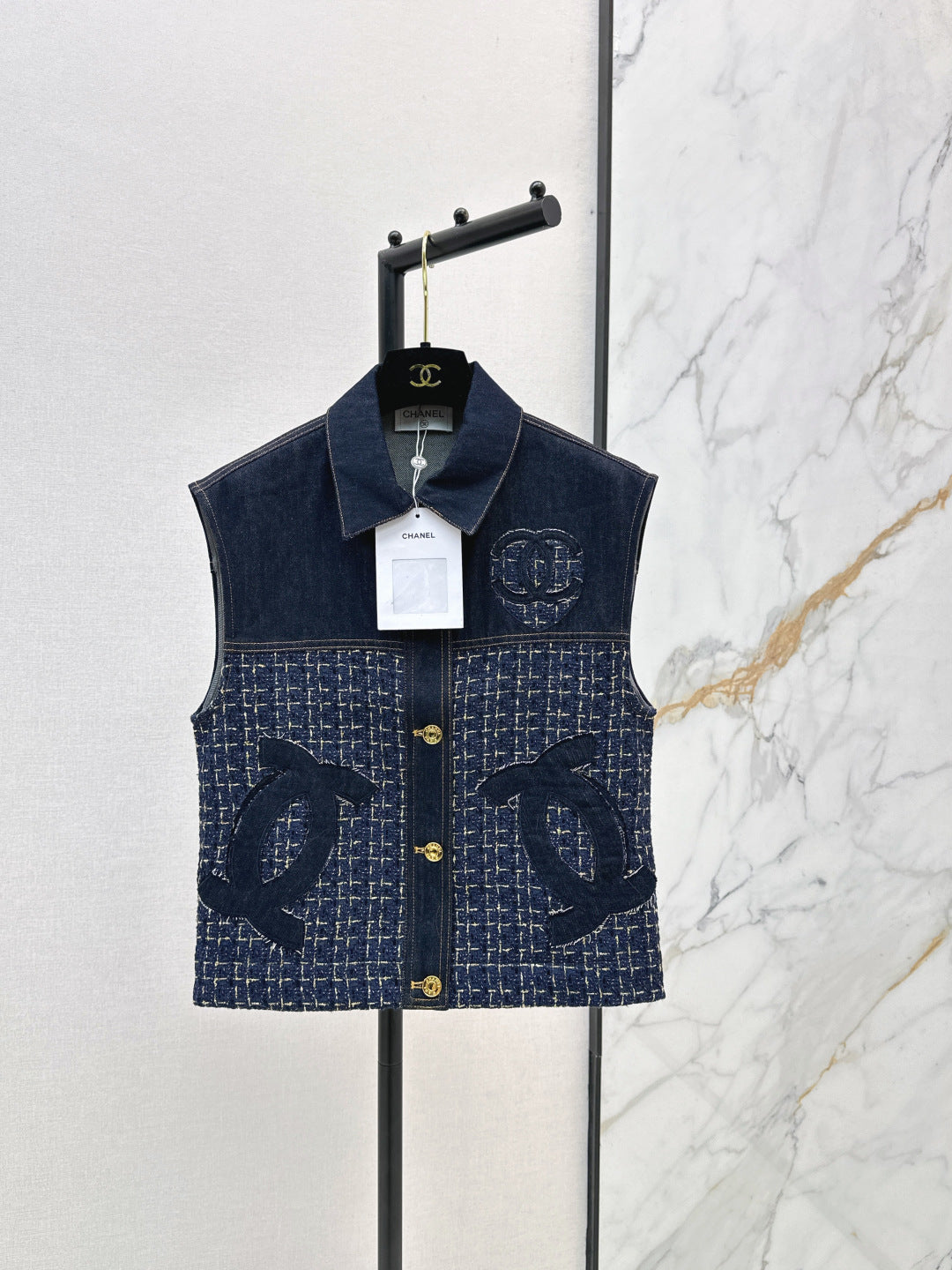 CC Applique Tweed and Denim Two-Piece Set – Dark Blue Vest & High-Waisted Shorts Co-Ord