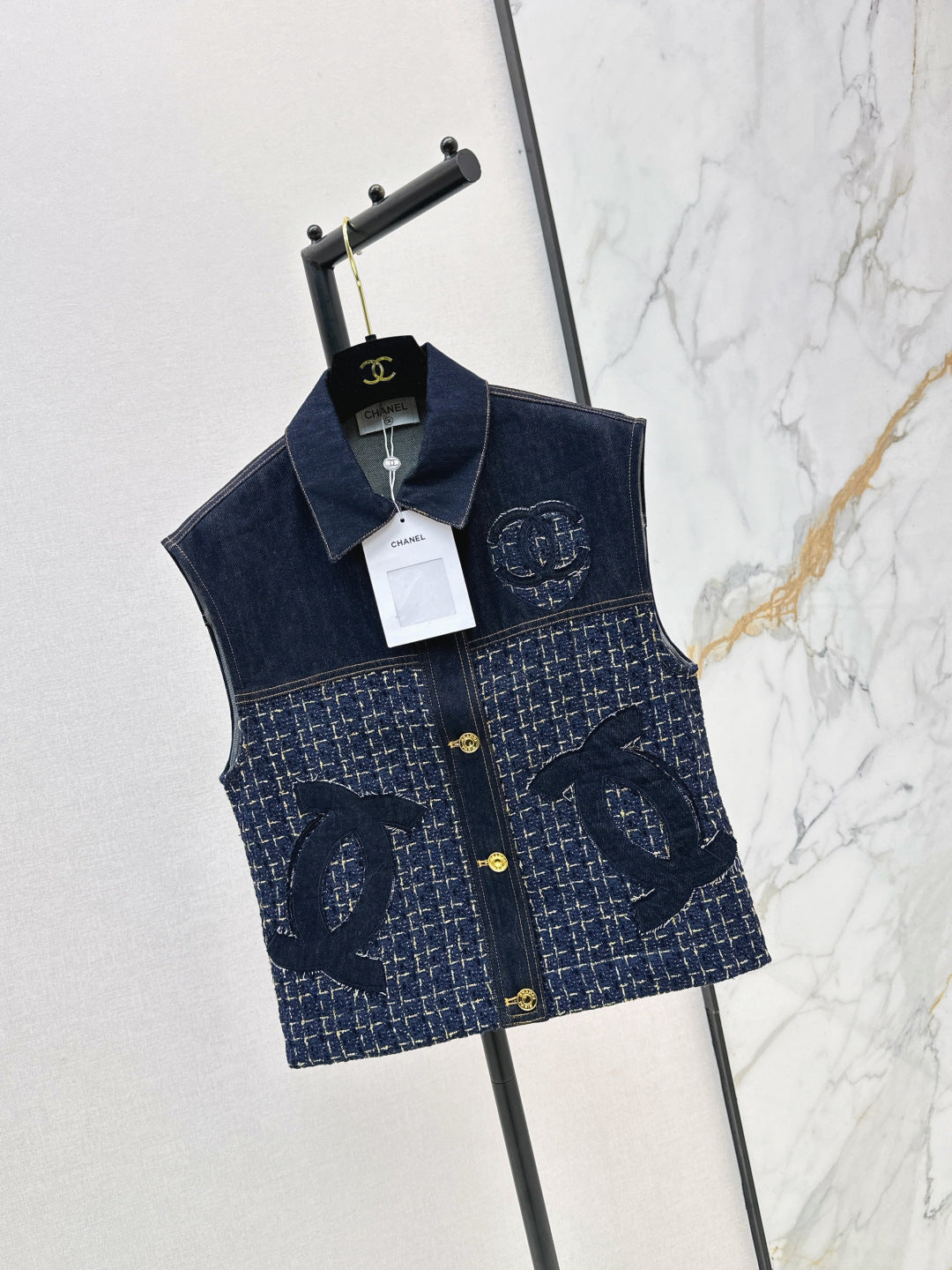 CC Applique Tweed and Denim Two-Piece Set – Dark Blue Vest & High-Waisted Shorts Co-Ord
