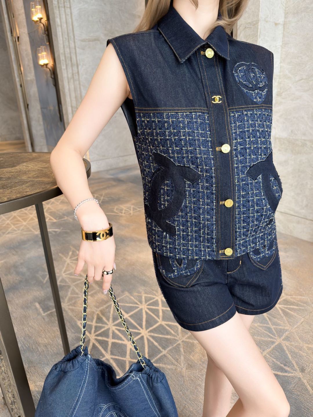 CC Applique Tweed and Denim Two-Piece Set – Dark Blue Vest & High-Waisted Shorts Co-Ord