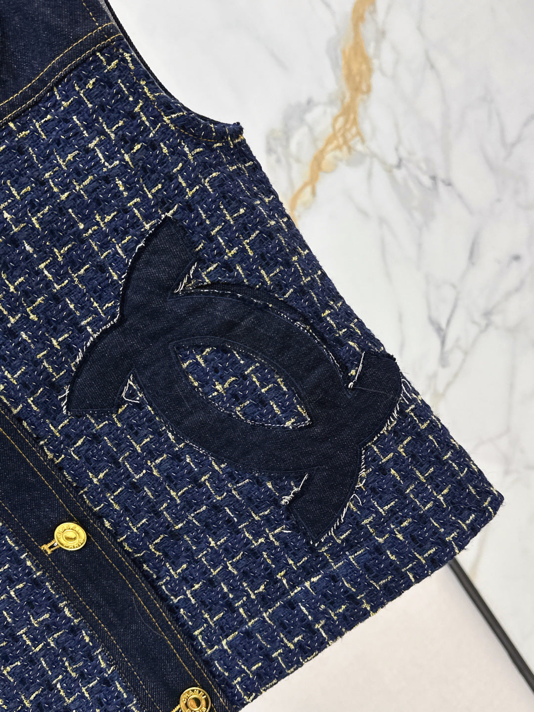 CC Applique Tweed and Denim Two-Piece Set – Dark Blue Vest & High-Waisted Shorts Co-Ord