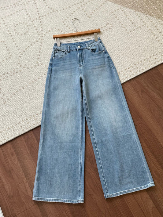 Camellia Embroidered Wide-Leg Jeans – Vintage Sky Blue Washed Denim High-Waisted Jeans