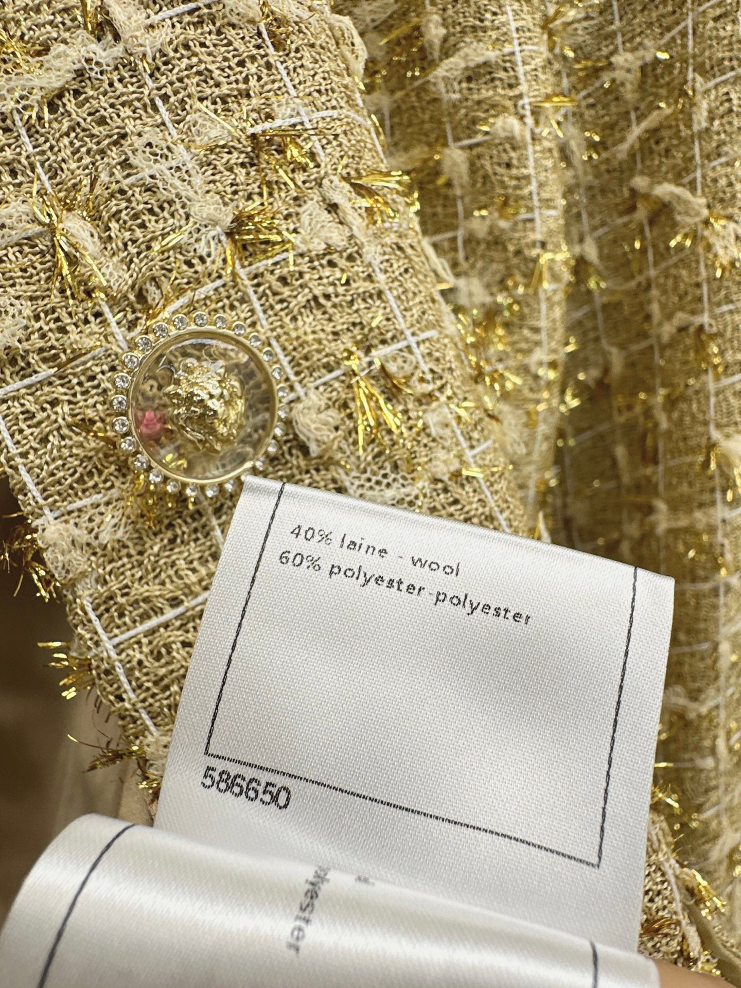 CC Metallic Gold Tweed Suit Set – Collarless Bouclé Jacket and High-Waisted Frayed Shorts