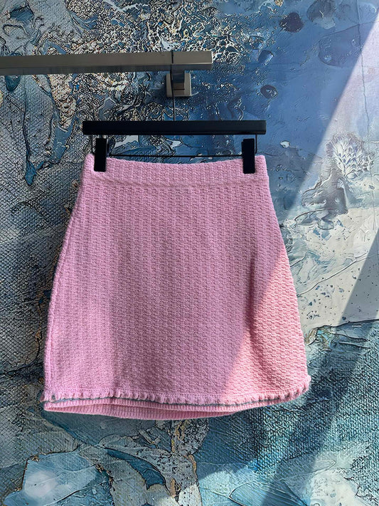 CC Tweed Knit Pearl Button Mini Skirt – High-Waisted Bouclé Knit A-Line Mini Skirt