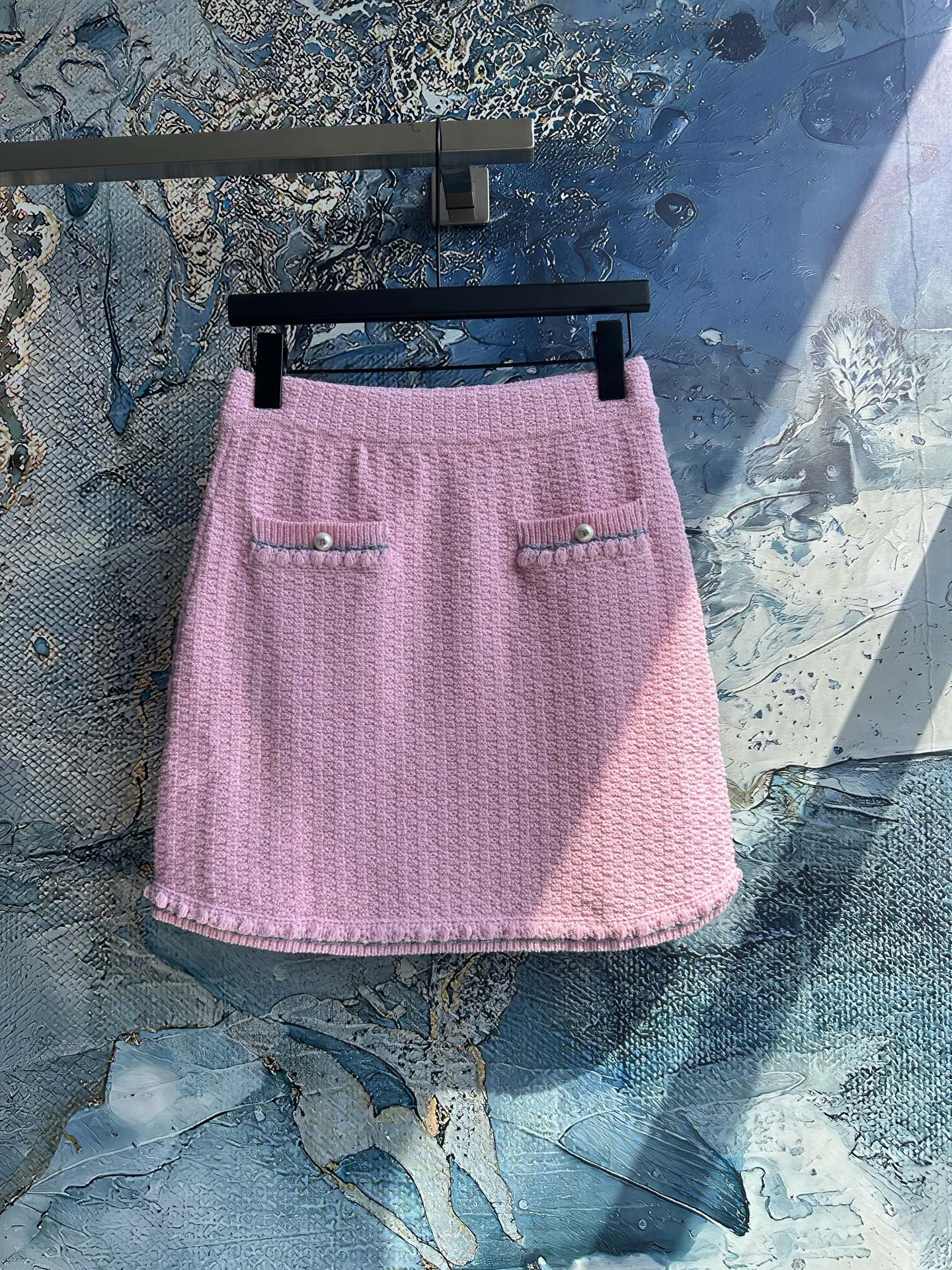 CC Tweed Knit Pearl Button Mini Skirt – High-Waisted Bouclé Knit A-Line Mini Skirt