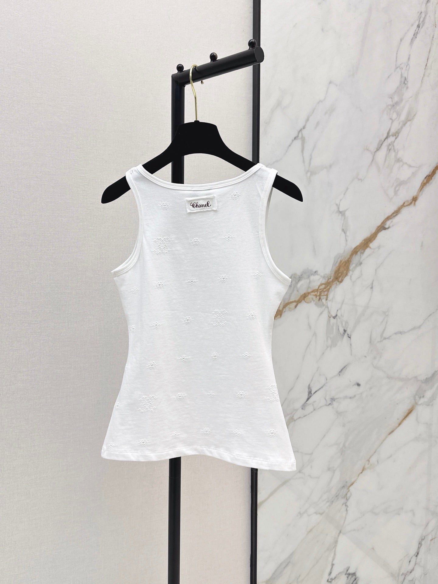 Ribbed Eyelet Knit CC Tank Top – Crisp White Breathable Cotton Pointelle Scoop-Neck Top