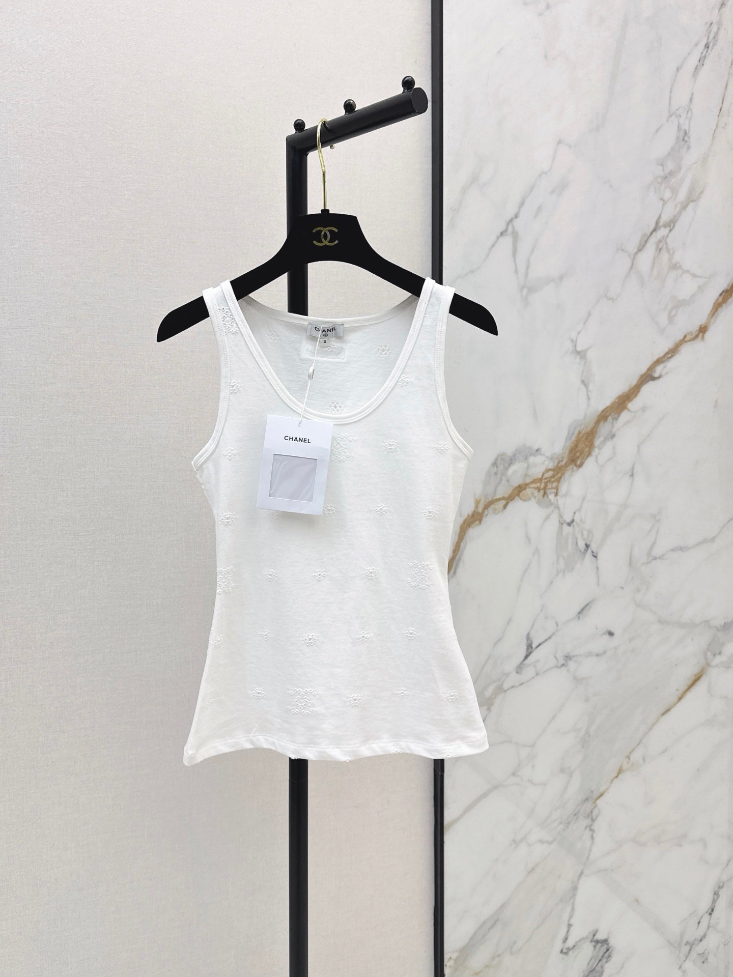 Ribbed Eyelet Knit CC Tank Top – Crisp White Breathable Cotton Pointelle Scoop-Neck Top