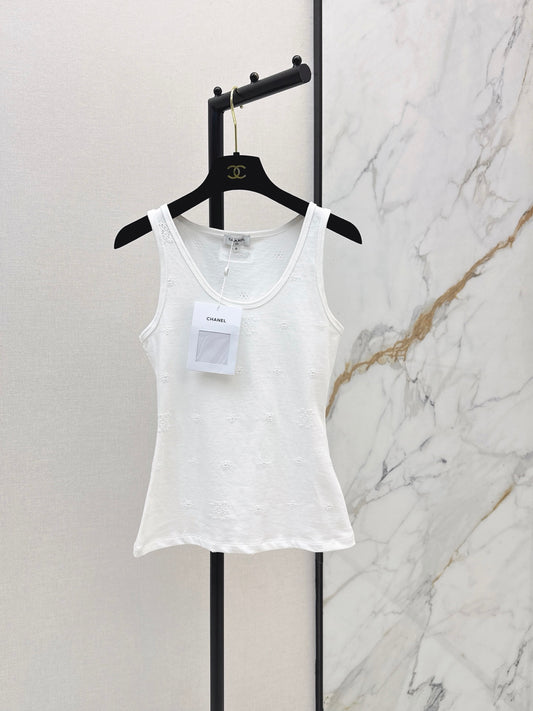 Ribbed Eyelet Knit CC Tank Top – Crisp White Breathable Cotton Pointelle Scoop-Neck Top