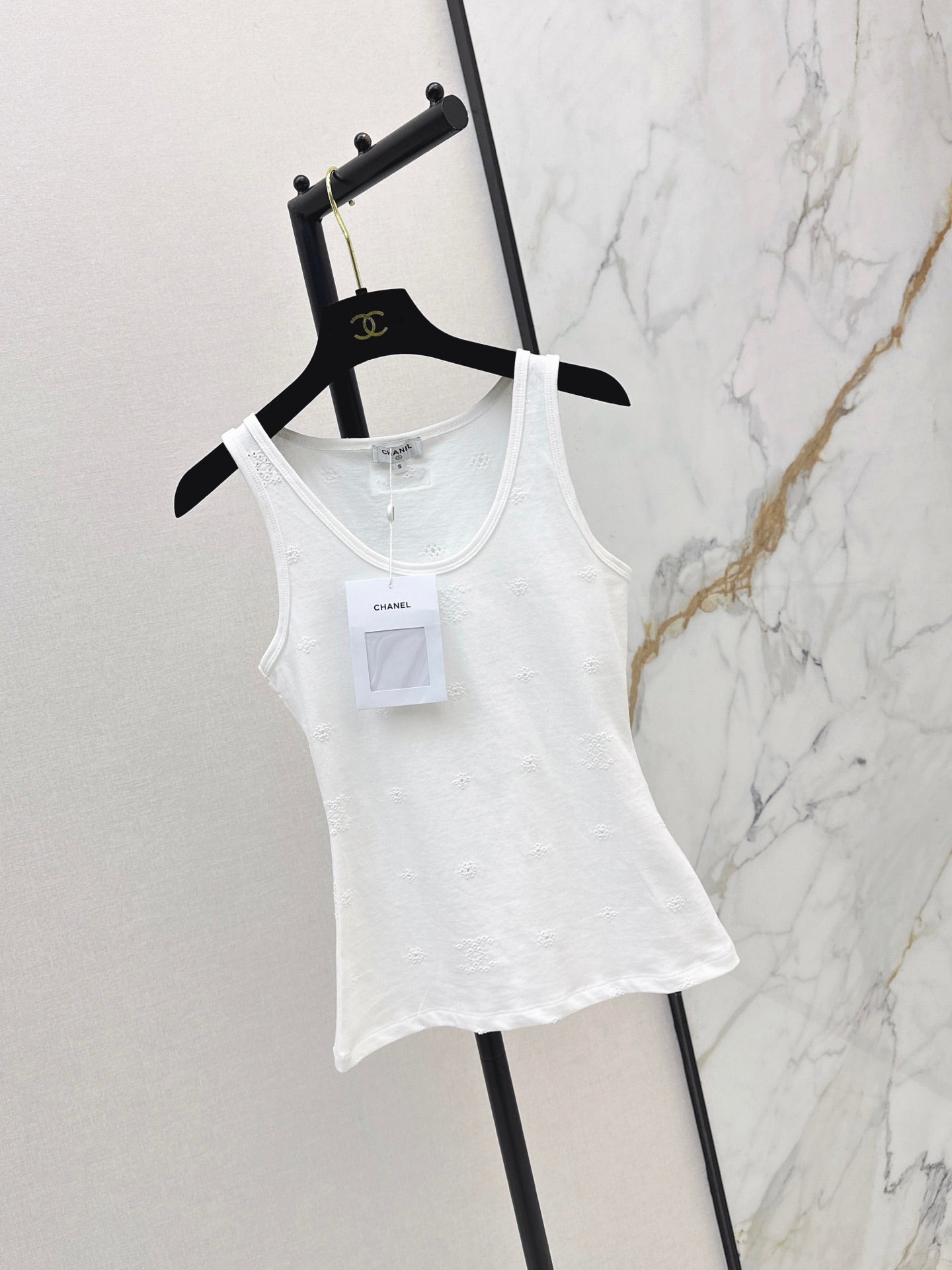 Ribbed Eyelet Knit CC Tank Top – Crisp White Breathable Cotton Pointelle Scoop-Neck Top