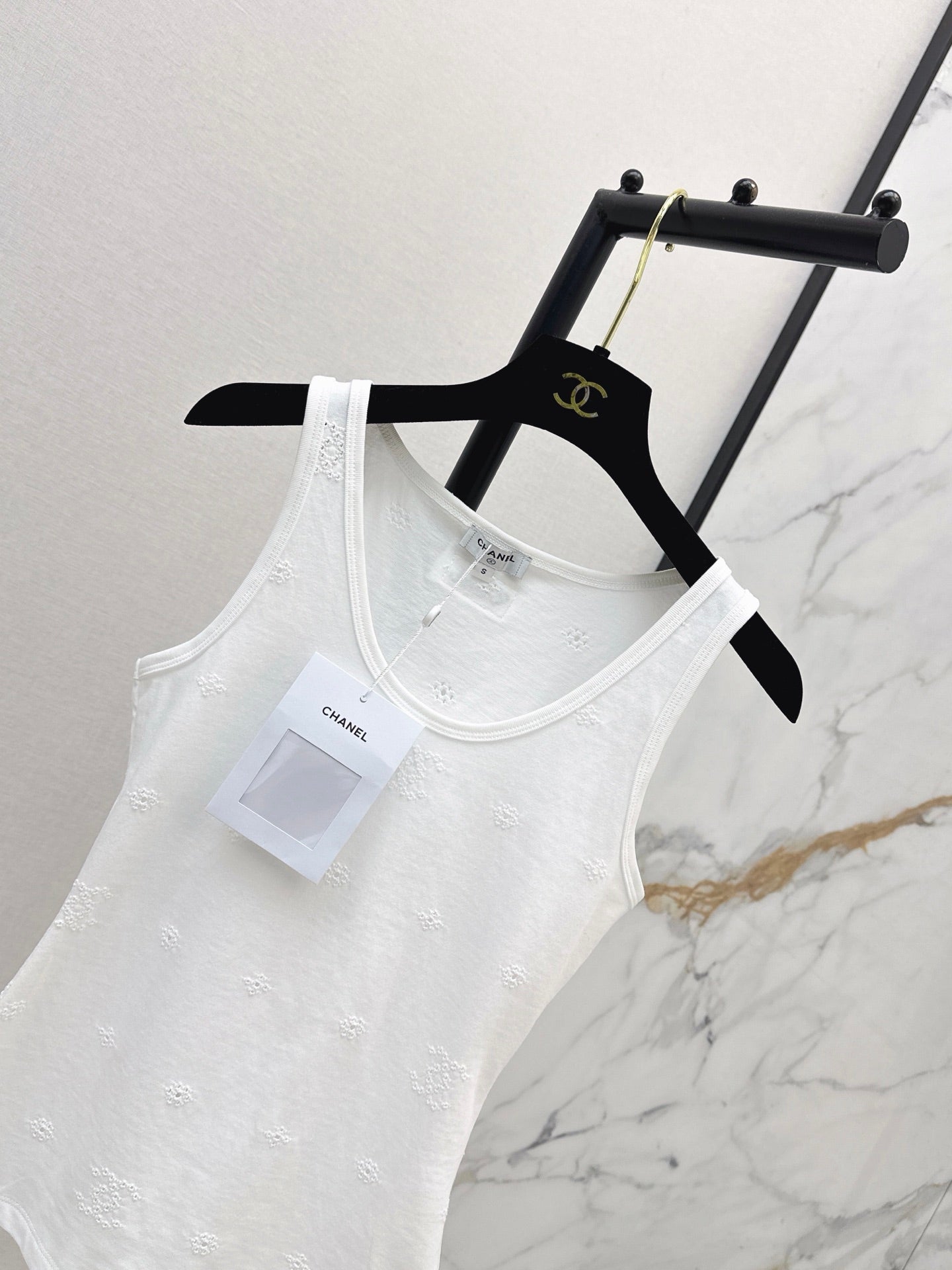 Ribbed Eyelet Knit CC Tank Top – Crisp White Breathable Cotton Pointelle Scoop-Neck Top