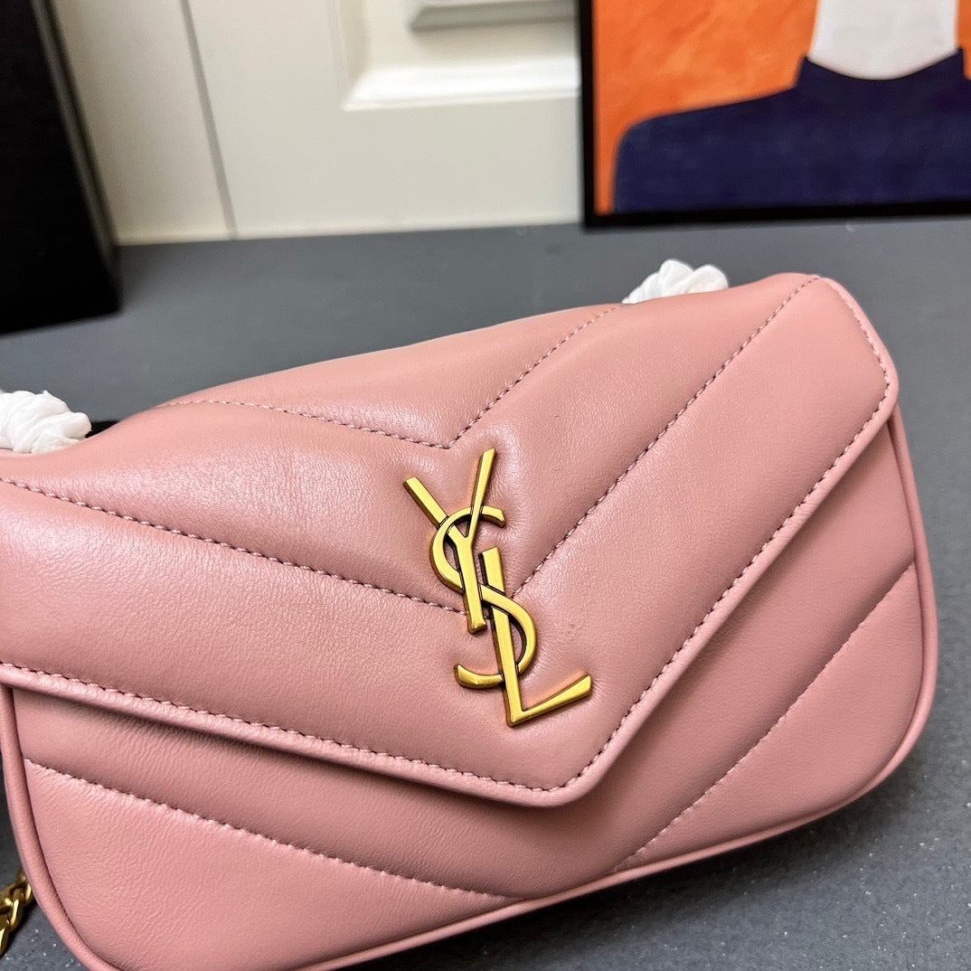 YSL Loulou Mini – Blush Pink Chevron-Quilted Lambskin with Gold YSL Hardware