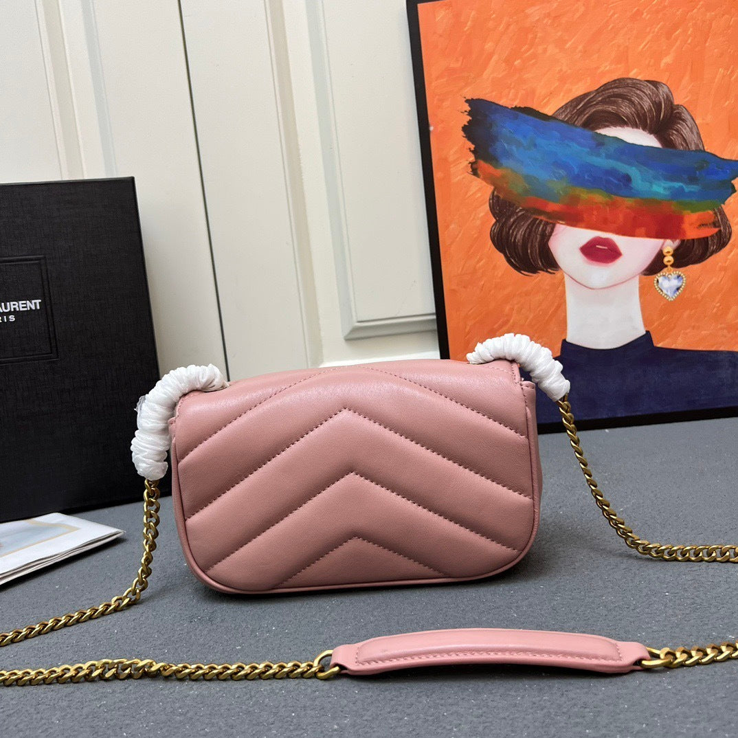 YSL Loulou Mini – Blush Pink Chevron-Quilted Lambskin with Gold YSL Hardware