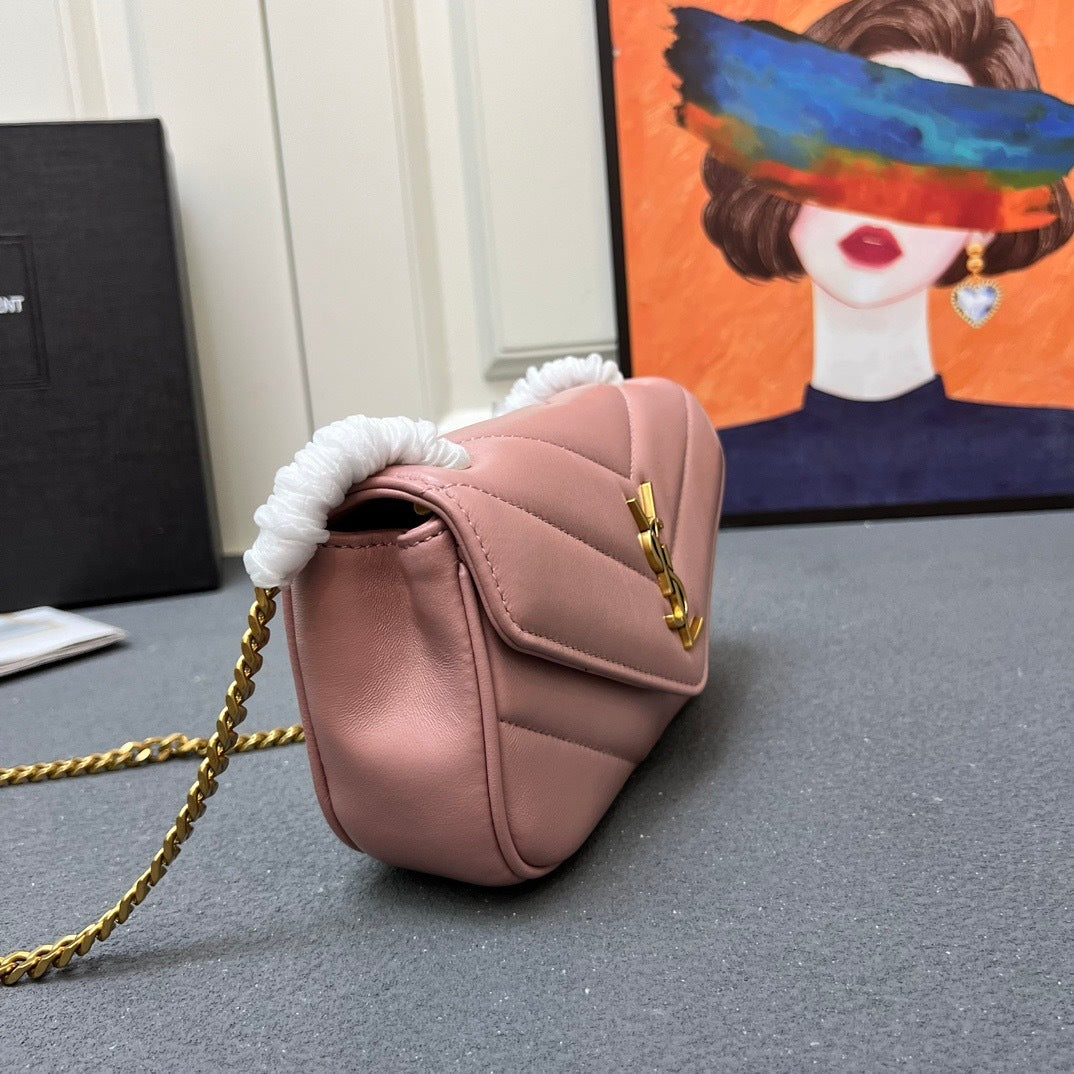 YSL Loulou Mini – Blush Pink Chevron-Quilted Lambskin with Gold YSL Hardware