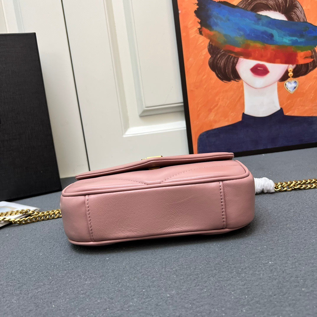 YSL Loulou Mini – Blush Pink Chevron-Quilted Lambskin with Gold YSL Hardware