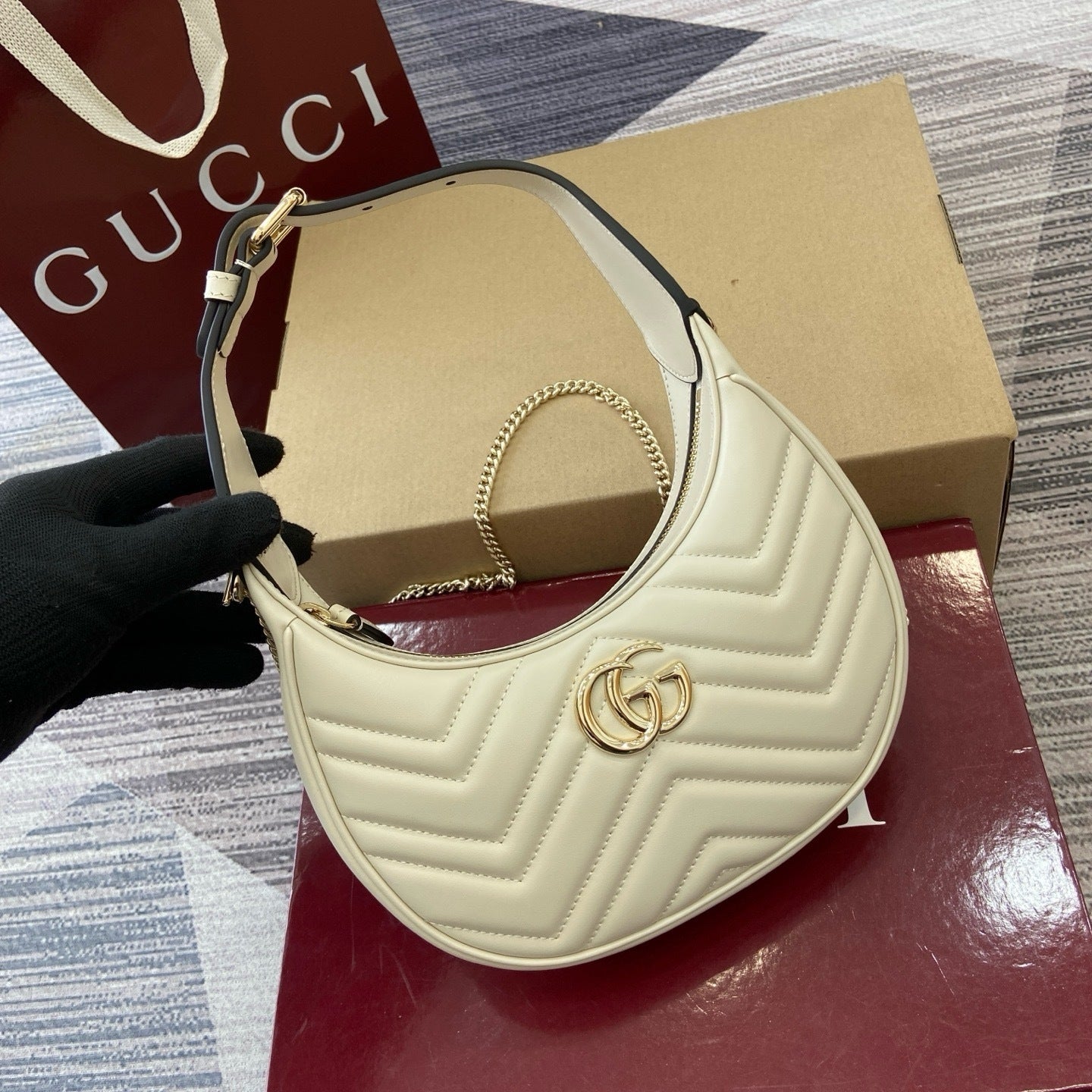 GG Marmont Small Crescent Hobo Bag – Ivory White Matelassé Chevron Calfskin Shoulder Bag