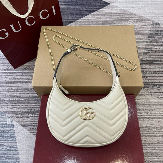 GG Marmont Small Crescent Hobo Bag – Ivory White Matelassé Chevron Calfskin Shoulder Bag