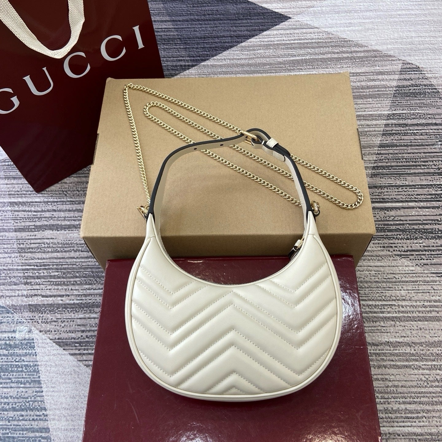 GG Marmont Small Crescent Hobo Bag – Ivory White Matelassé Chevron Calfskin Shoulder Bag