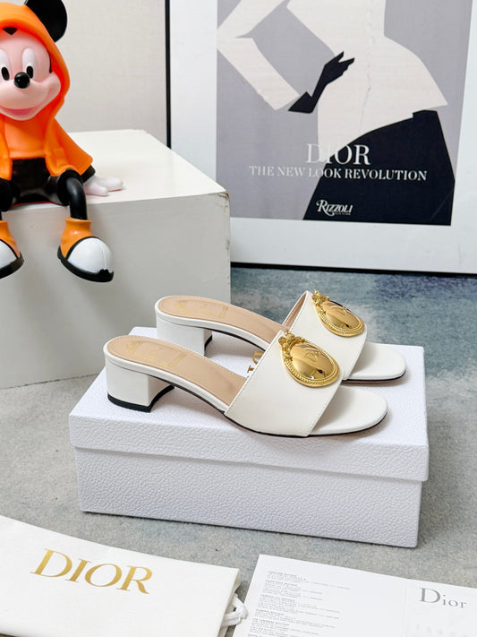 Dior Médaillon Heeled Mules – Optic White Smooth Lambskin Slide Sandals