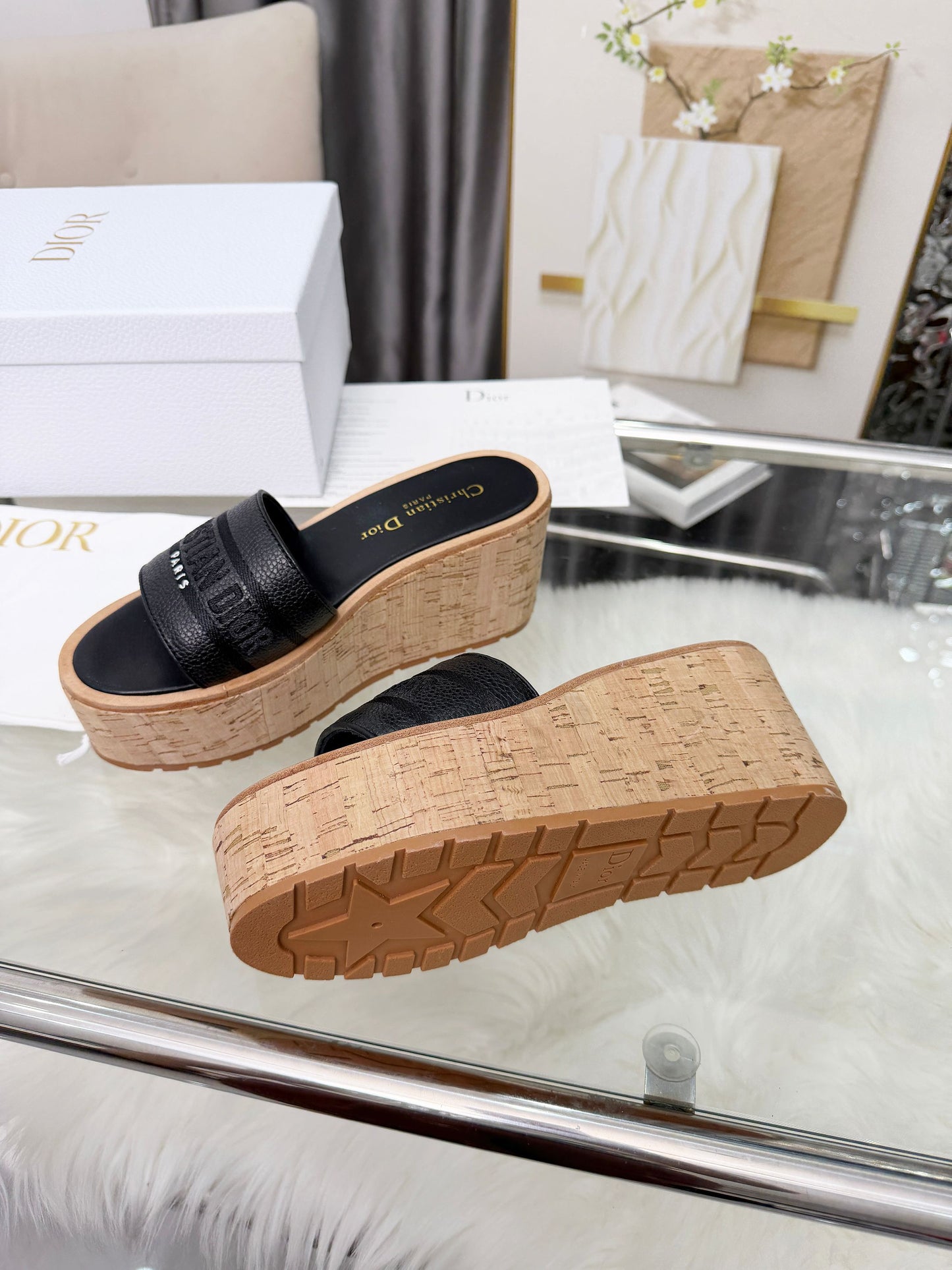 Dway Platform Slide – Black Grained Calfskin with 8-cm Sculptural Cork Wedge