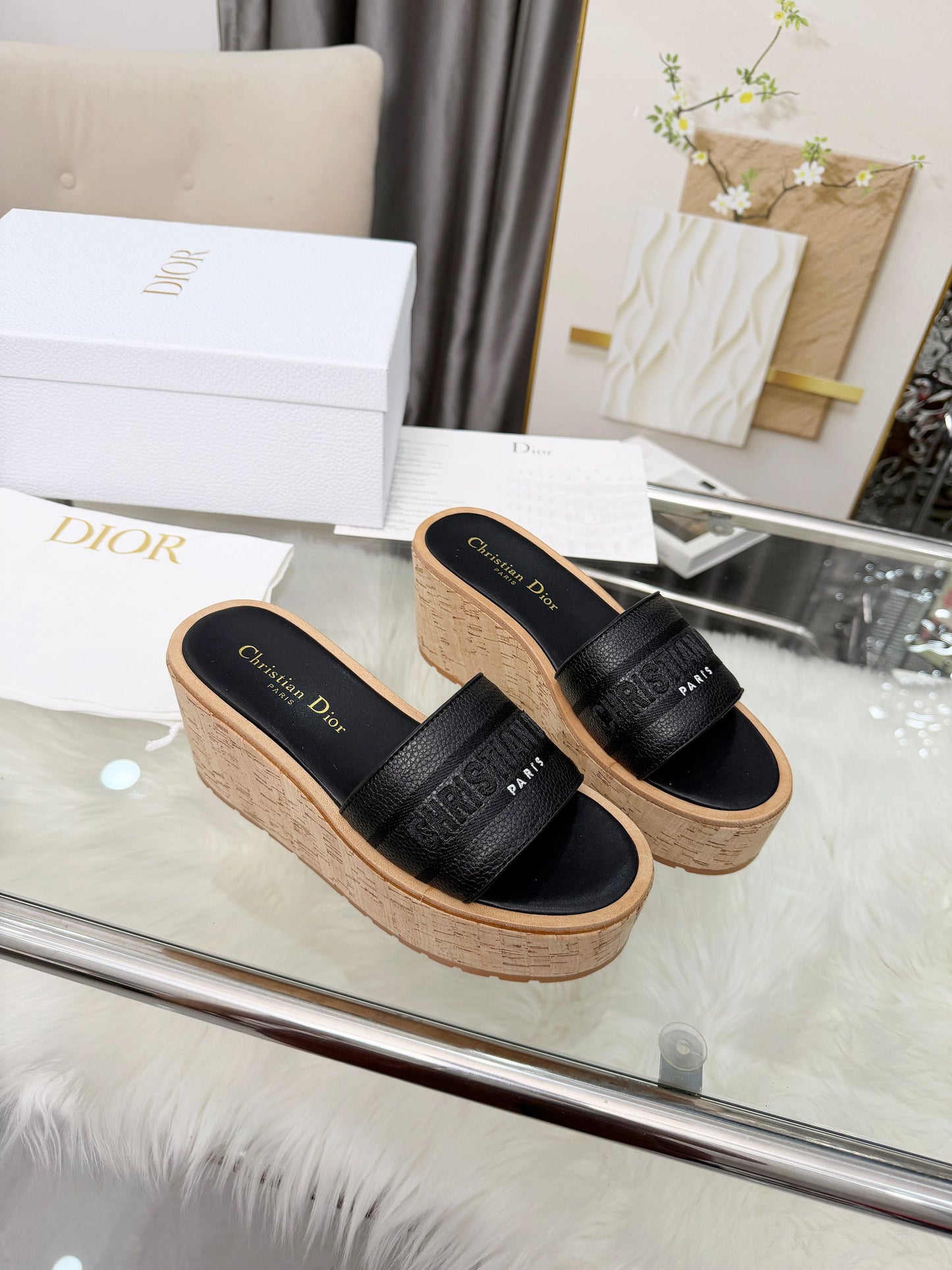 Dway Platform Slide – Black Grained Calfskin with 8-cm Sculptural Cork Wedge
