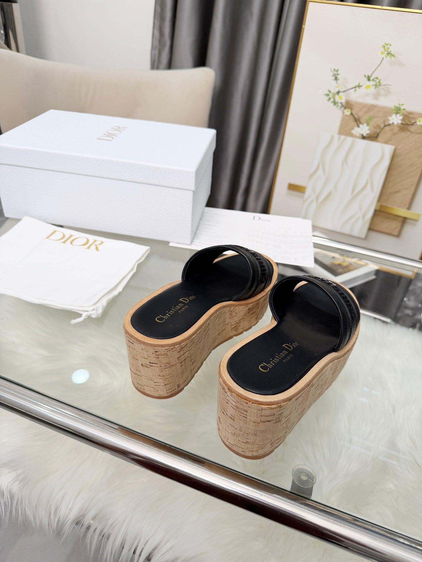 Dway Platform Slide – Black Grained Calfskin with 8-cm Sculptural Cork Wedge