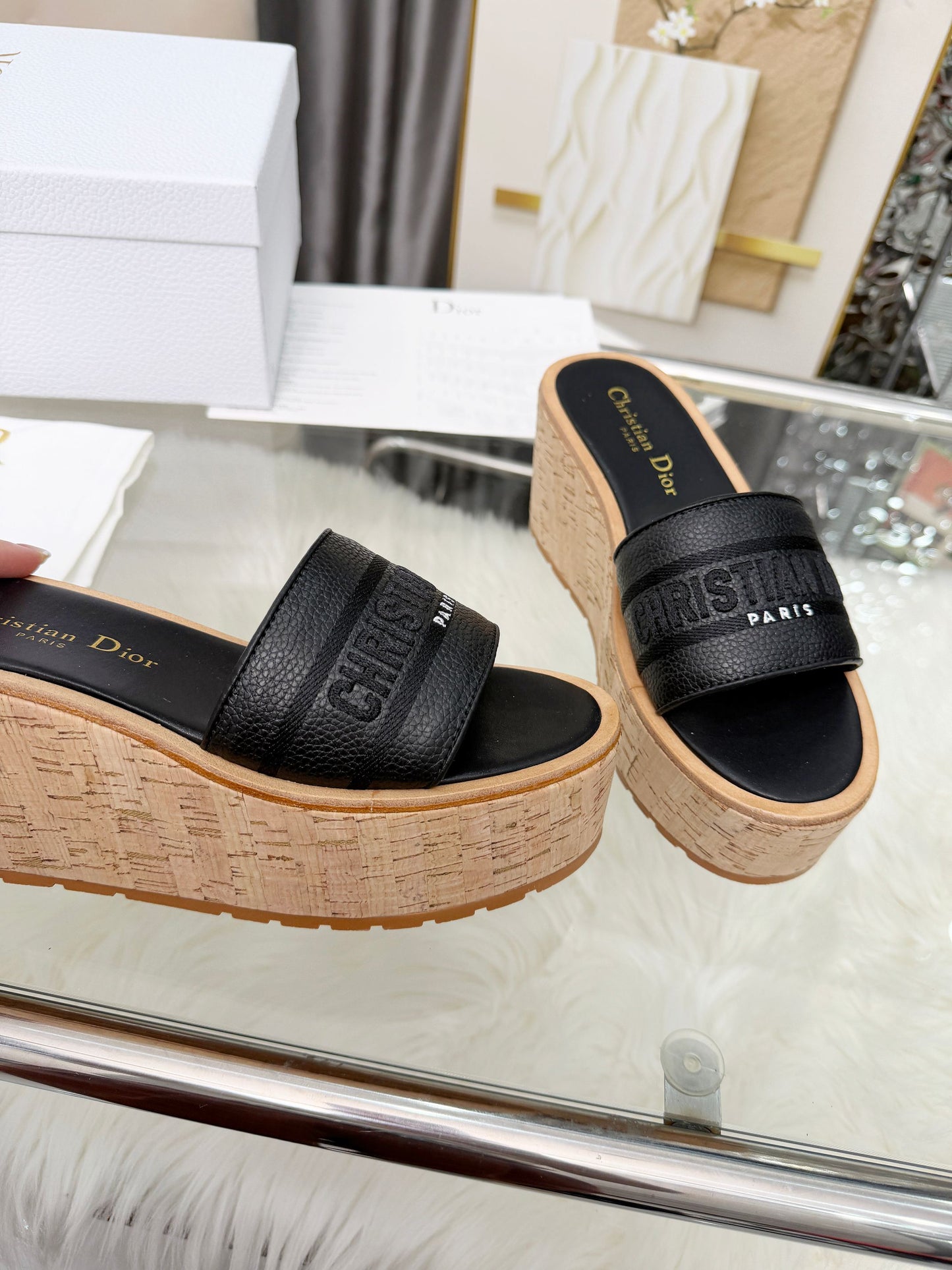 Dway Platform Slide – Black Grained Calfskin with 8-cm Sculptural Cork Wedge