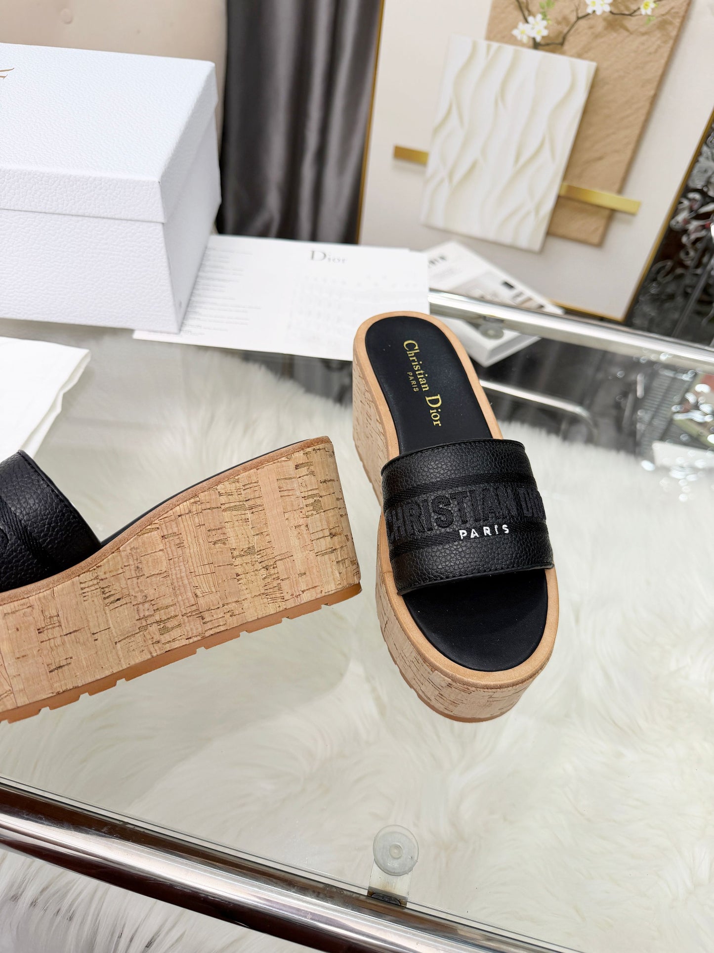 Dway Platform Slide – Black Grained Calfskin with 8-cm Sculptural Cork Wedge