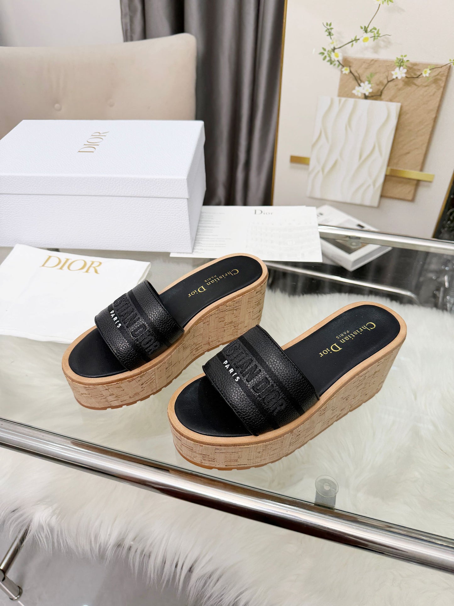 Dway Platform Slide – Black Grained Calfskin with 8-cm Sculptural Cork Wedge