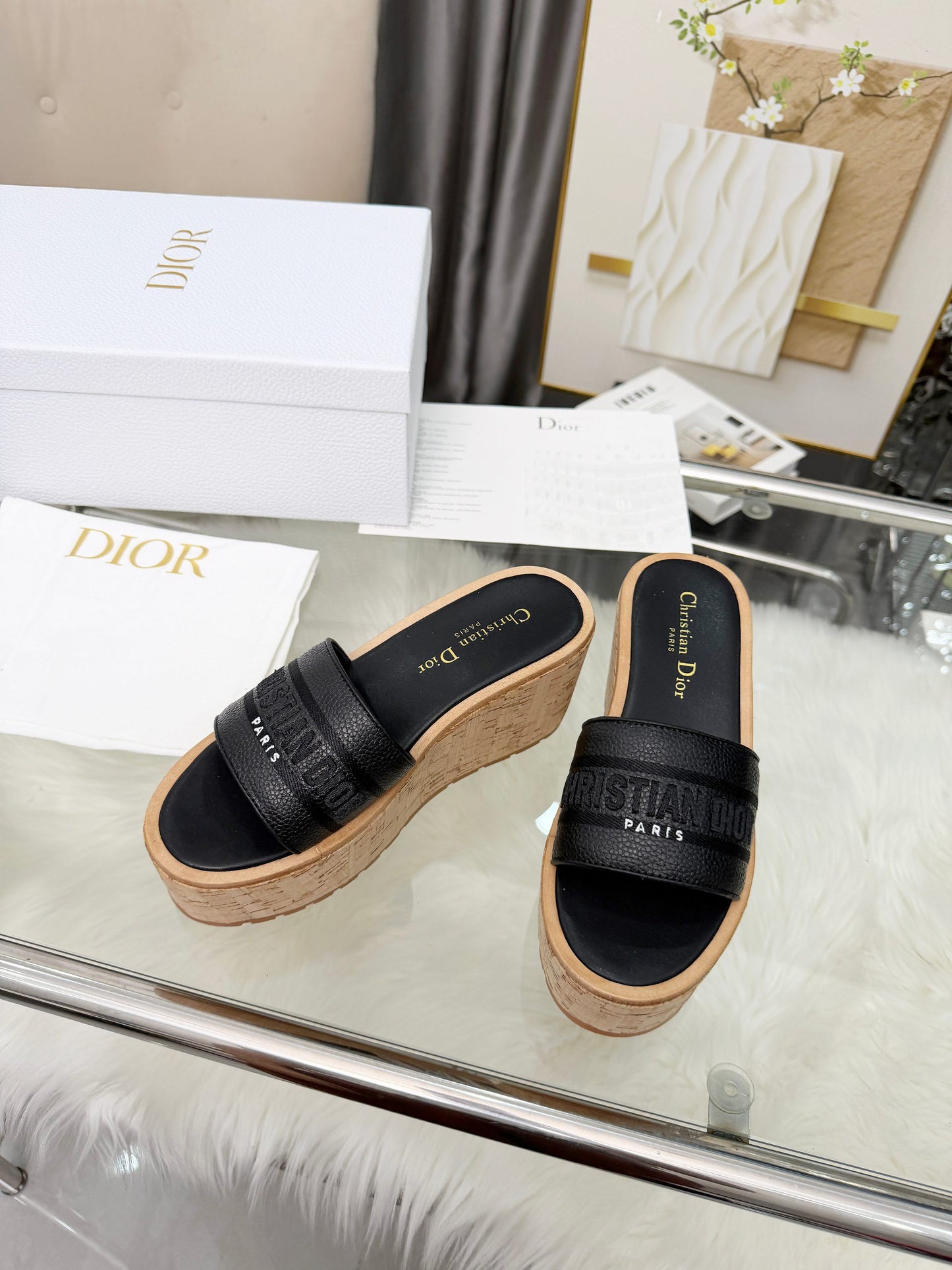 Dway Platform Slide – Black Grained Calfskin with 8-cm Sculptural Cork Wedge