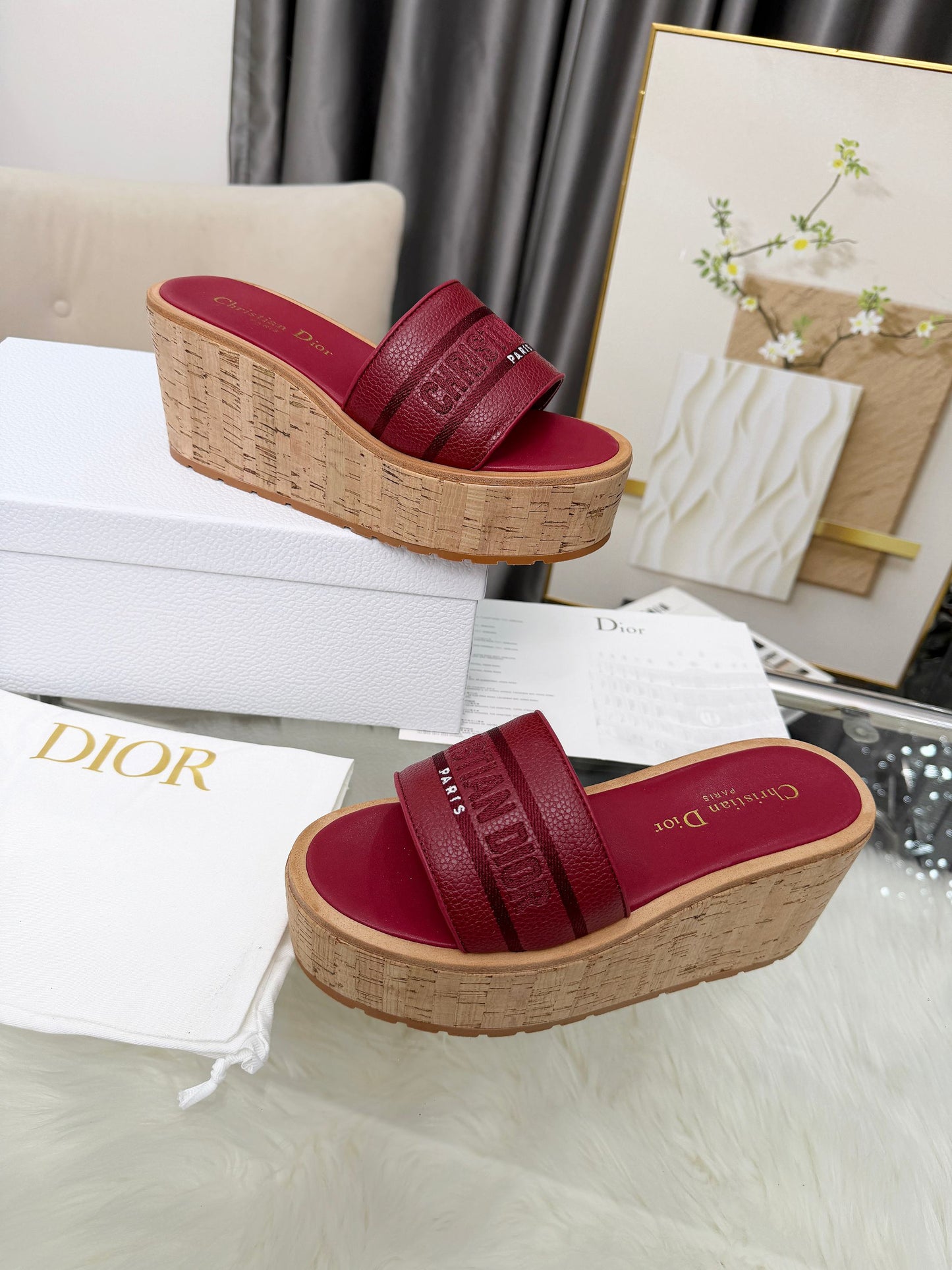 Dior Dway Platform Slide – Burgundy Grained Calfskin with 8-cm Sculptural Cork Wedge