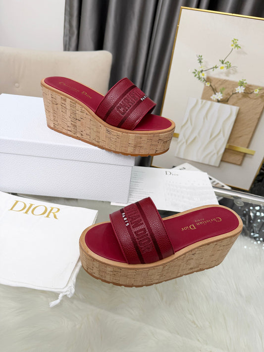 Dior Dway Platform Slide – Burgundy Grained Calfskin with 8-cm Sculptural Cork Wedge